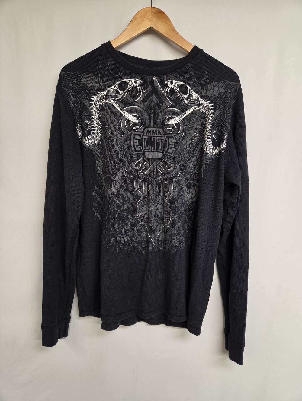 MMA Elite Mens XL Black Thermal Waffle Knit Shirt Snakes Cross Graphic Y2K